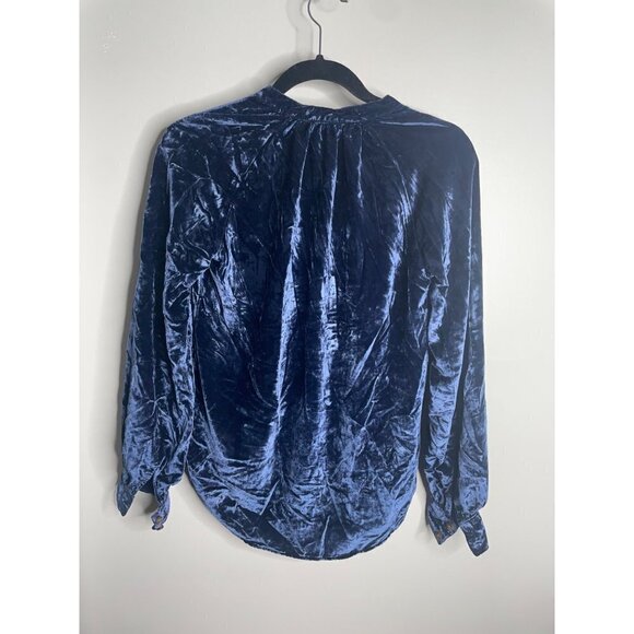 Anthropologie Pilcro Puff Sleeved Navy Blue Velvet Buttondown Shirt Size XXS NEW - Picture 5 of 6